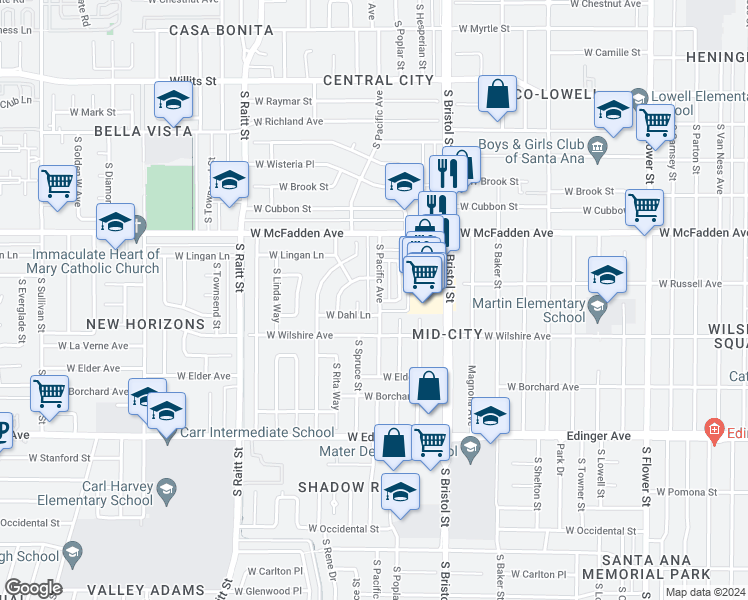map of restaurants, bars, coffee shops, grocery stores, and more near 1219 South Pacific Avenue in Santa Ana