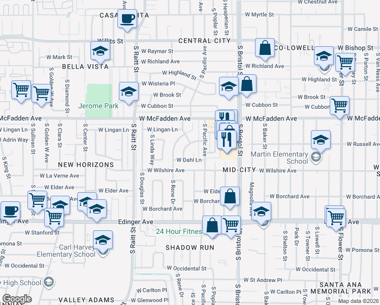 map of restaurants, bars, coffee shops, grocery stores, and more near 1207 South Rita Way in Santa Ana