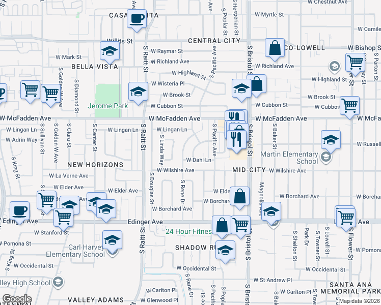 map of restaurants, bars, coffee shops, grocery stores, and more near 1207 South Rita Way in Santa Ana