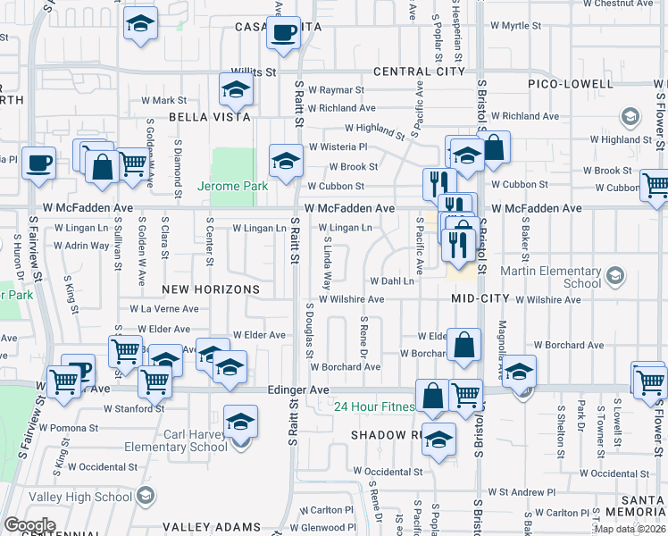 map of restaurants, bars, coffee shops, grocery stores, and more near 1222 South Linda Way in Santa Ana