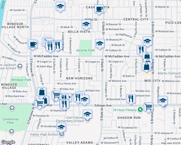 map of restaurants, bars, coffee shops, grocery stores, and more near 2010 West Edison Way in Santa Ana