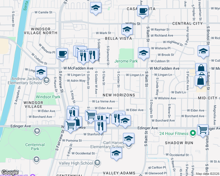 map of restaurants, bars, coffee shops, grocery stores, and more near 2325 West Dahl Lane in Santa Ana