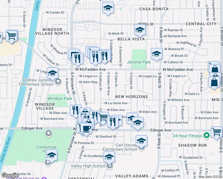 map of restaurants, bars, coffee shops, grocery stores, and more near 1224 South Golden West Avenue in Santa Ana