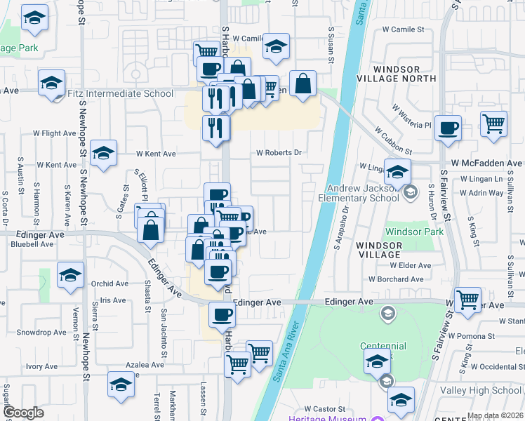 map of restaurants, bars, coffee shops, grocery stores, and more near 15951 Mount Mitchell Circle in Fountain Valley