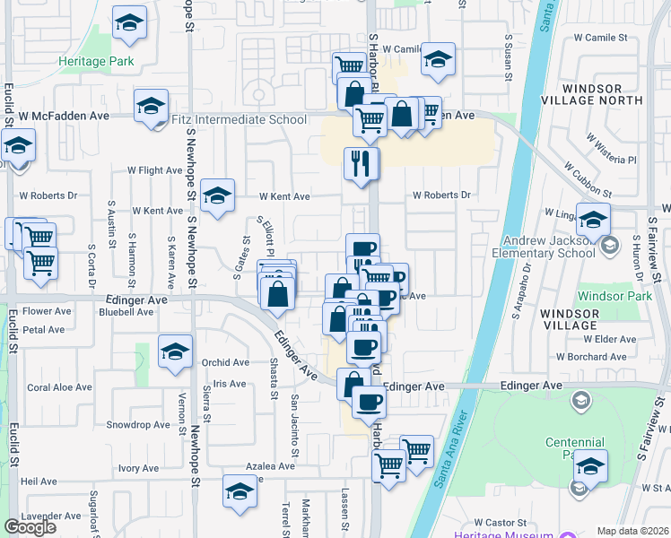 map of restaurants, bars, coffee shops, grocery stores, and more near 15920 Logan Court in Fountain Valley