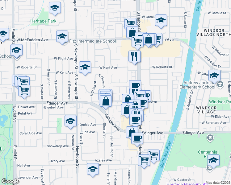 map of restaurants, bars, coffee shops, grocery stores, and more near 15920 Logan Court in Fountain Valley