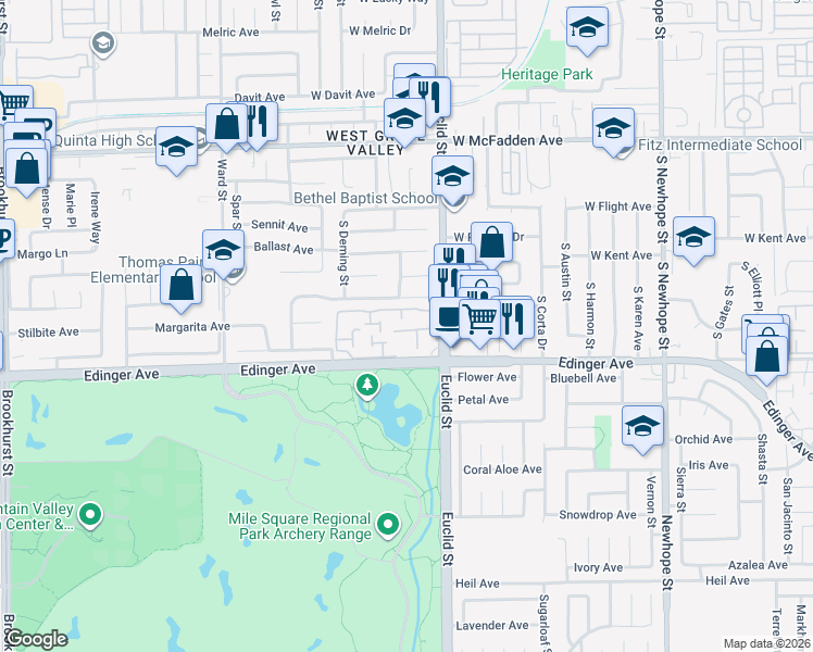 map of restaurants, bars, coffee shops, grocery stores, and more near 10897 Obsidian Court in Fountain Valley