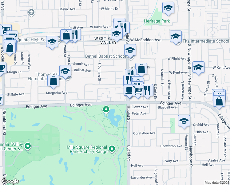 map of restaurants, bars, coffee shops, grocery stores, and more near 10897 Obsidian Court in Fountain Valley