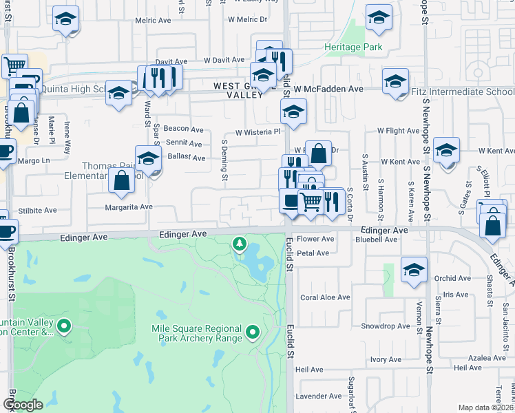 map of restaurants, bars, coffee shops, grocery stores, and more near 10897 Obsidian Court in Fountain Valley