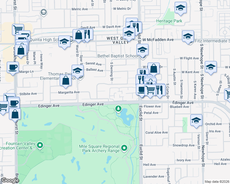 map of restaurants, bars, coffee shops, grocery stores, and more near 10810 Rexbon Court in Fountain Valley