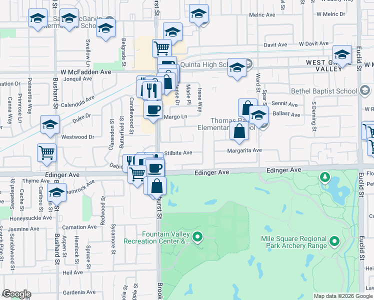 map of restaurants, bars, coffee shops, grocery stores, and more near 10115 Stilbite Avenue in Fountain Valley