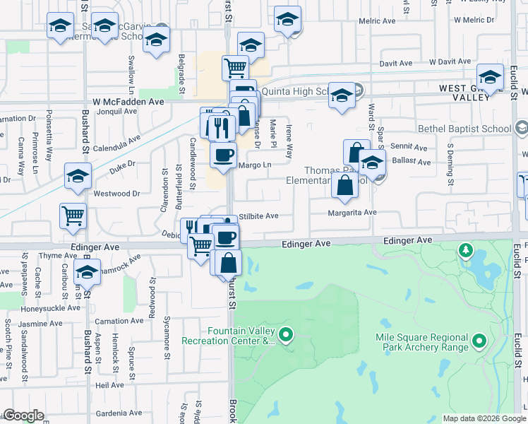 map of restaurants, bars, coffee shops, grocery stores, and more near 10115 Stilbite Avenue in Fountain Valley