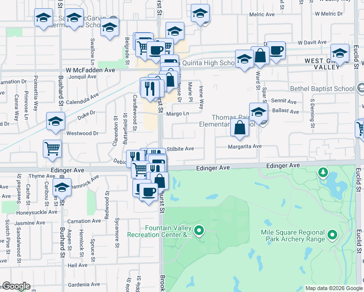map of restaurants, bars, coffee shops, grocery stores, and more near 10115 Stilbite Avenue in Fountain Valley