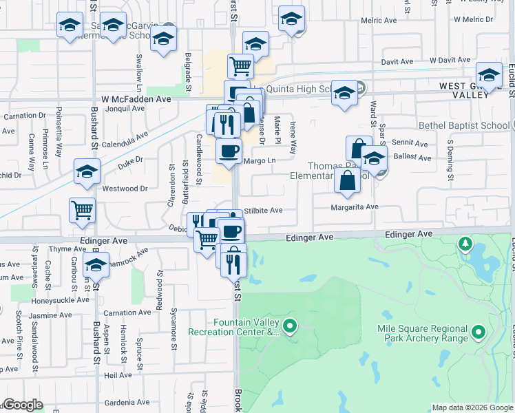 map of restaurants, bars, coffee shops, grocery stores, and more near 10043 Stilbite Avenue in Fountain Valley