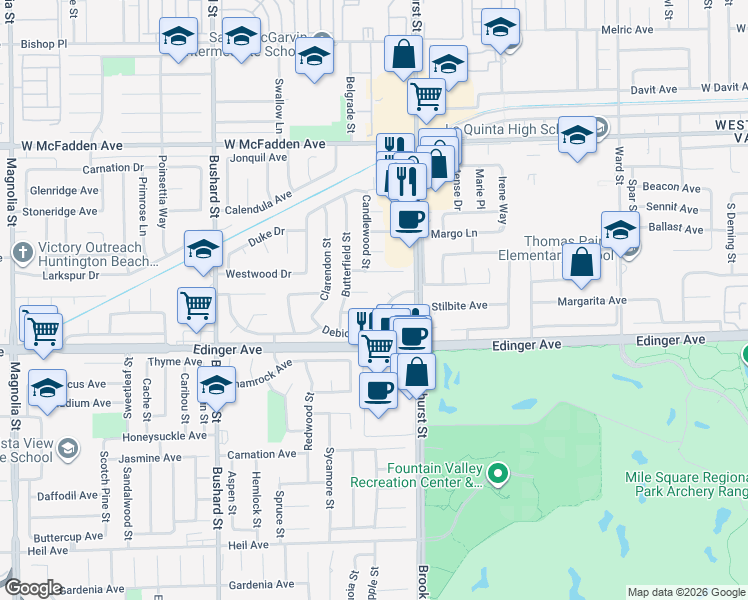map of restaurants, bars, coffee shops, grocery stores, and more near 9868 Pawlet Circle in Fountain Valley