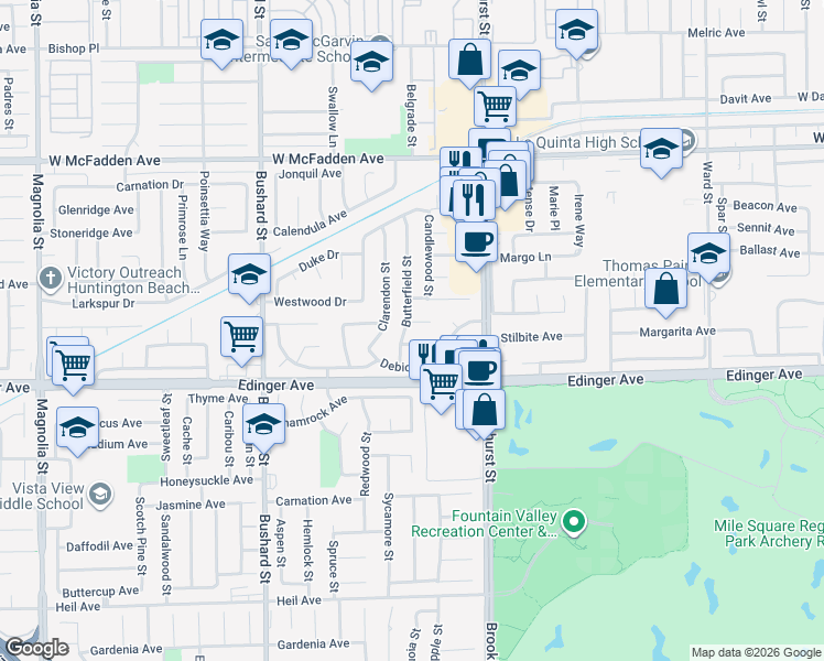 map of restaurants, bars, coffee shops, grocery stores, and more near 9868 Pawlet Circle in Fountain Valley