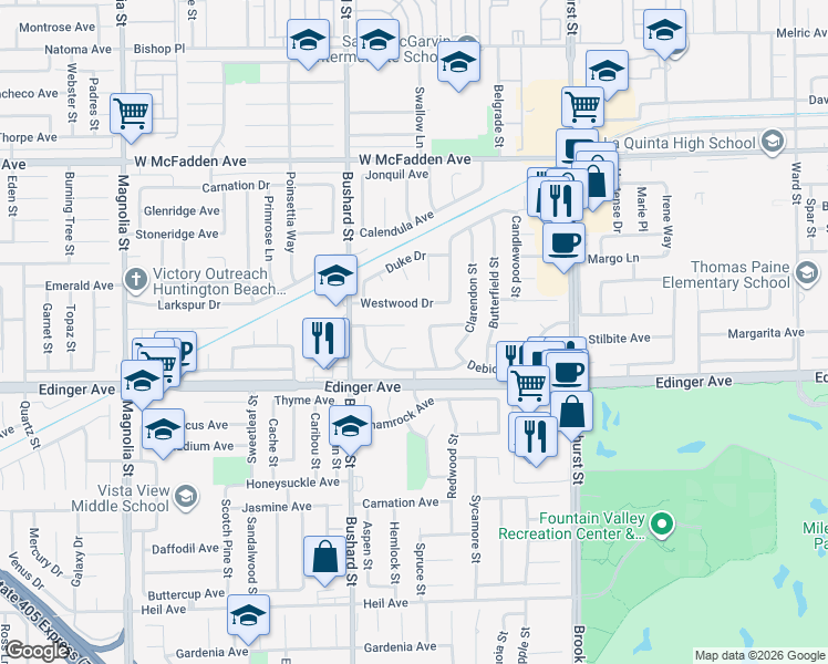 map of restaurants, bars, coffee shops, grocery stores, and more near 9614 Newfame Circle in Fountain Valley