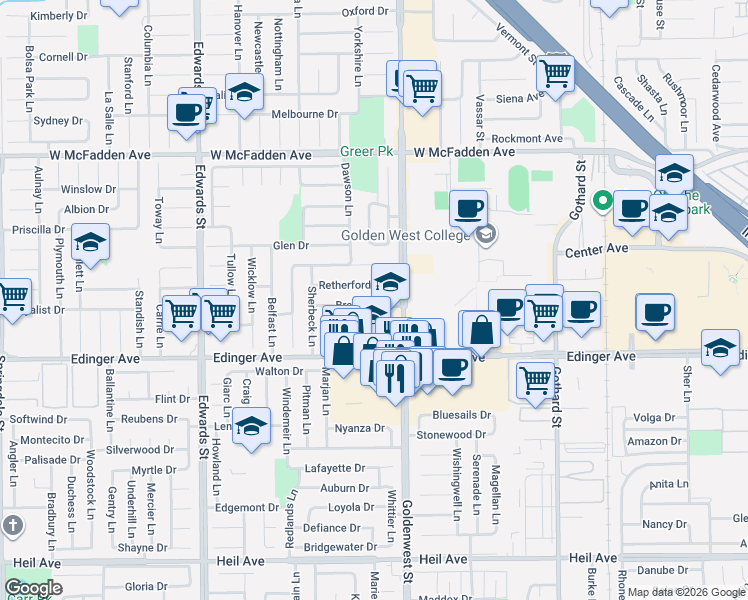 map of restaurants, bars, coffee shops, grocery stores, and more near 6911 Breeland Drive in Huntington Beach