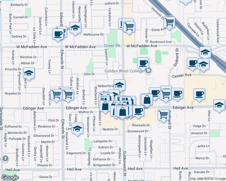 map of restaurants, bars, coffee shops, grocery stores, and more near 6911 Breeland Drive in Huntington Beach