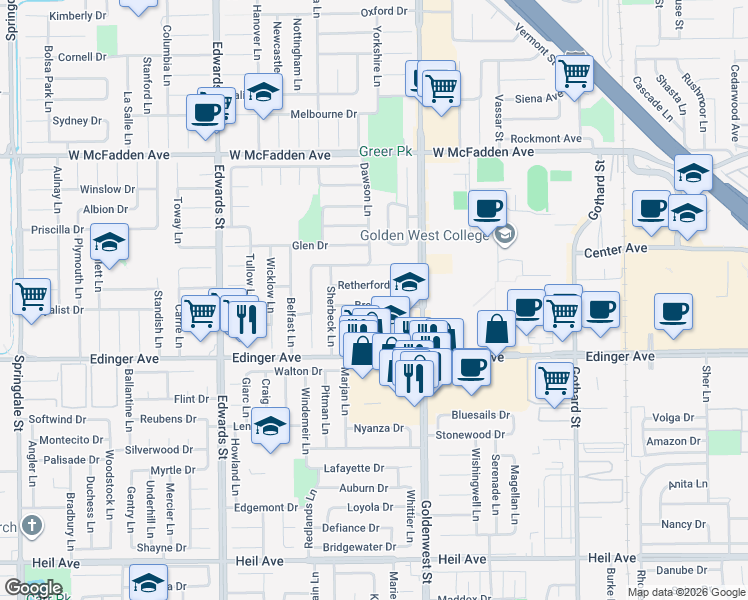 map of restaurants, bars, coffee shops, grocery stores, and more near 6831 Breeland Drive in Huntington Beach
