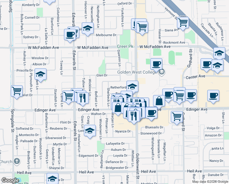 map of restaurants, bars, coffee shops, grocery stores, and more near 6831 Breeland Drive in Huntington Beach