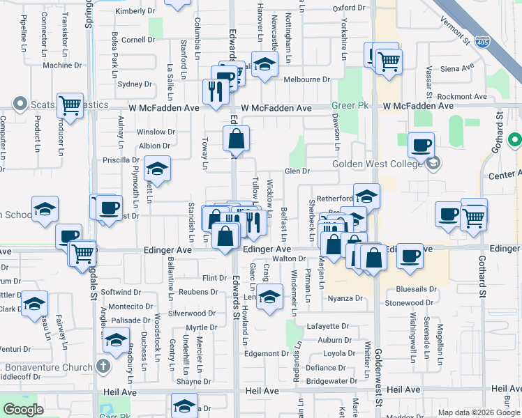map of restaurants, bars, coffee shops, grocery stores, and more near 15852 Tullow Lane in Huntington Beach