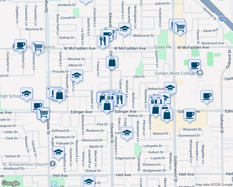 map of restaurants, bars, coffee shops, grocery stores, and more near 6471 Longford Circle in Huntington Beach