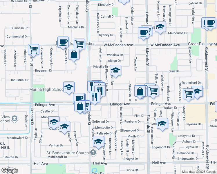 map of restaurants, bars, coffee shops, grocery stores, and more near 15852 Plymouth Lane in Huntington Beach