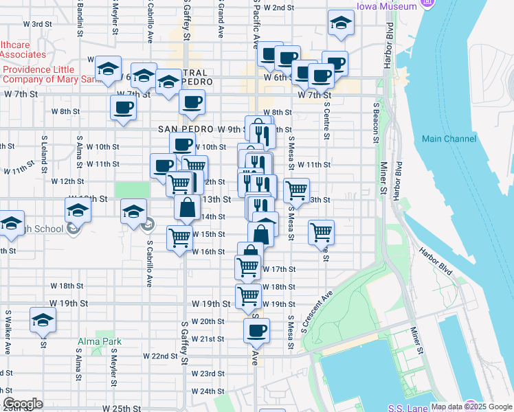 map of restaurants, bars, coffee shops, grocery stores, and more near 1319 South Pacific Avenue in Los Angeles