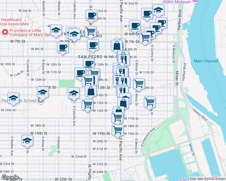 map of restaurants, bars, coffee shops, grocery stores, and more near 1319 South Pacific Avenue in Los Angeles