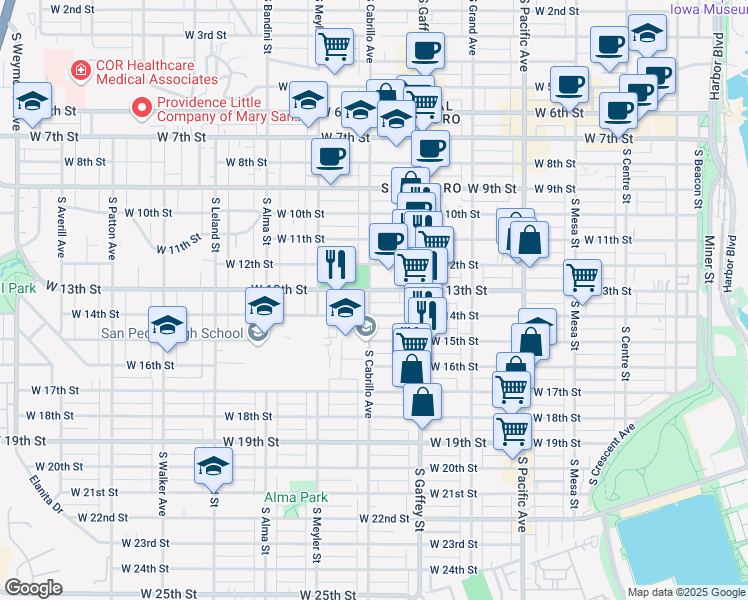 map of restaurants, bars, coffee shops, grocery stores, and more near 1322 South Cabrillo Avenue in Los Angeles