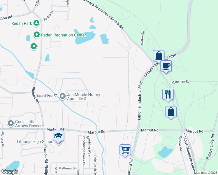 map of restaurants, bars, coffee shops, grocery stores, and more near 1989 Jabco Boulevard in Lithonia