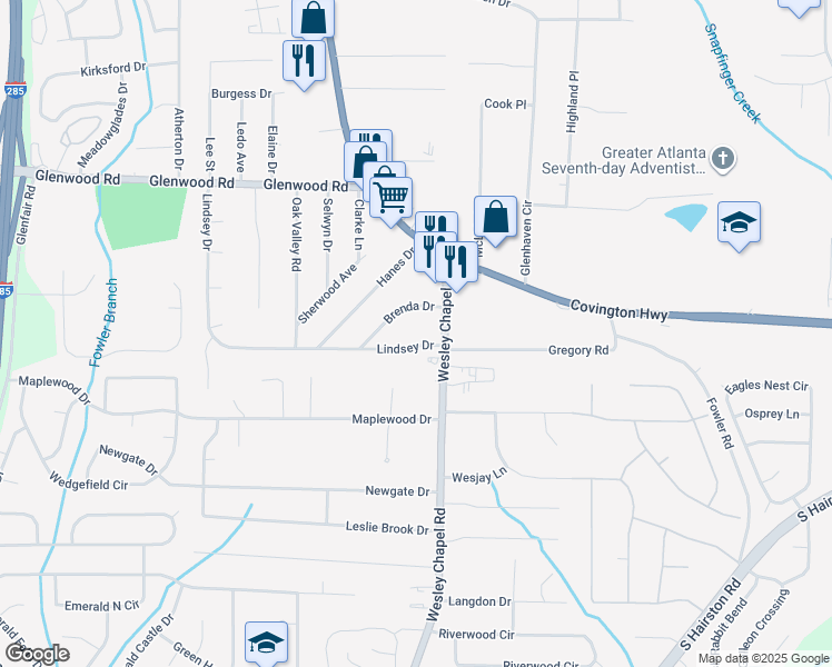 map of restaurants, bars, coffee shops, grocery stores, and more near 4272 Lindsey Drive in Decatur