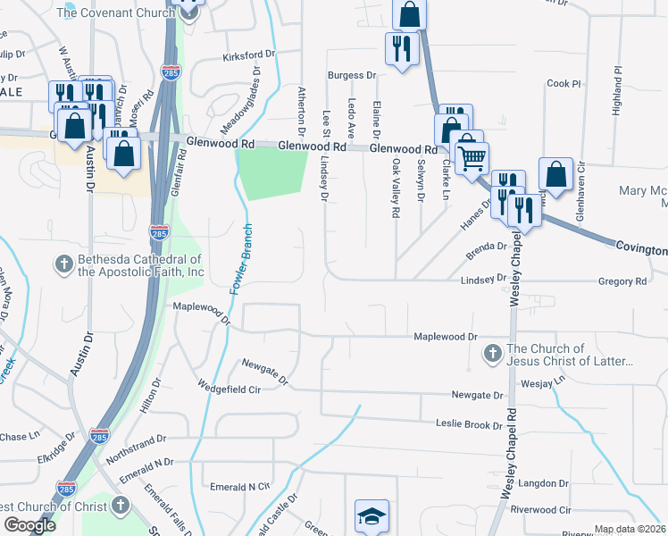 map of restaurants, bars, coffee shops, grocery stores, and more near 4100 Lindsey Drive in Decatur