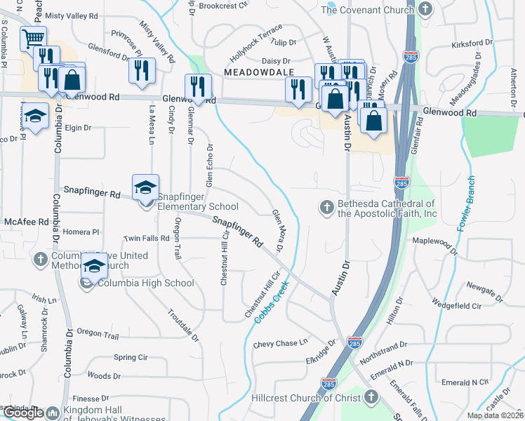 map of restaurants, bars, coffee shops, grocery stores, and more near 3674 Glen Falls Drive in Decatur