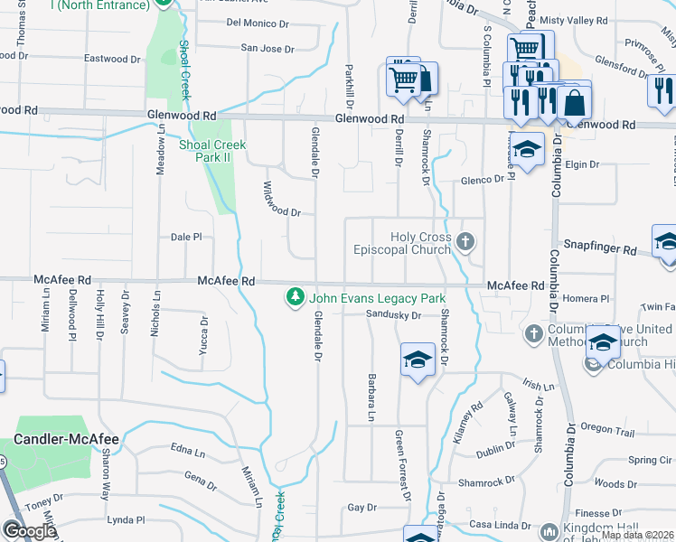 map of restaurants, bars, coffee shops, grocery stores, and more near in Candler-McAfee