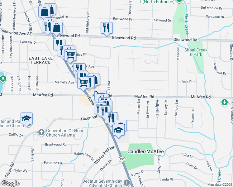 map of restaurants, bars, coffee shops, grocery stores, and more near in Candler-McAfee