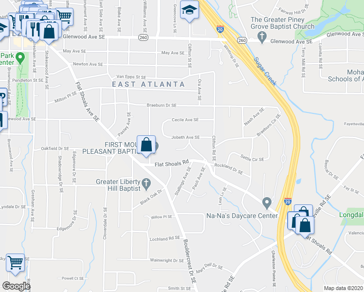 map of restaurants, bars, coffee shops, grocery stores, and more near 1682 Grace Street Southeast in Atlanta