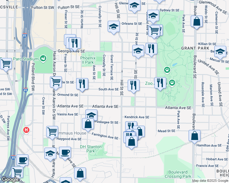map of restaurants, bars, coffee shops, grocery stores, and more near 255 South Avenue Southeast in Atlanta