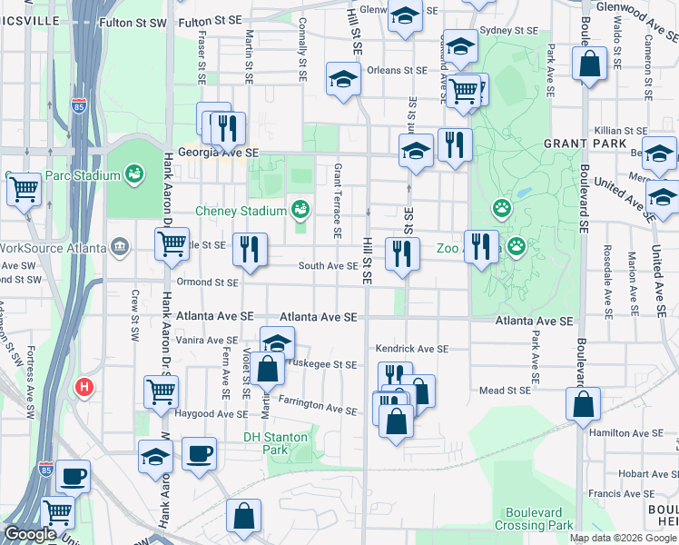 map of restaurants, bars, coffee shops, grocery stores, and more near 255 South Avenue Southeast in Atlanta