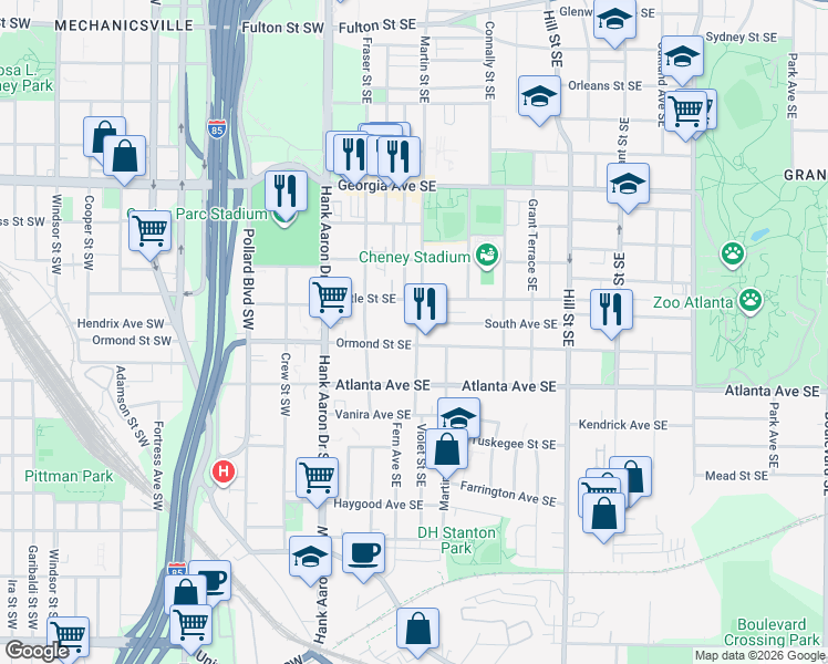map of restaurants, bars, coffee shops, grocery stores, and more near 825 Martin Street Southeast in Atlanta