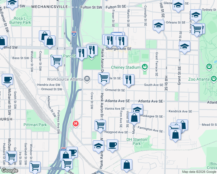 map of restaurants, bars, coffee shops, grocery stores, and more near 30 Ormond Street Southeast in Atlanta