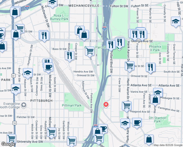 map of restaurants, bars, coffee shops, grocery stores, and more near 200 Hendrix Avenue Southwest in Atlanta
