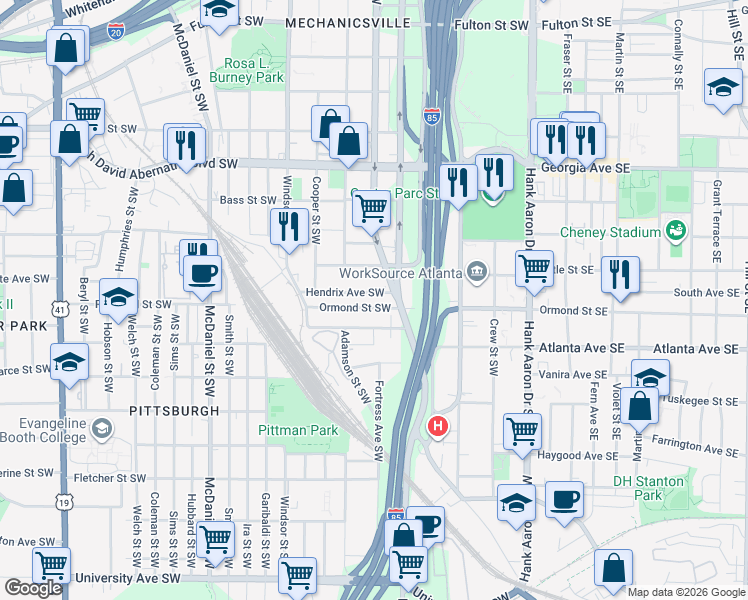 map of restaurants, bars, coffee shops, grocery stores, and more near 200 Hendrix Avenue Southwest in Atlanta