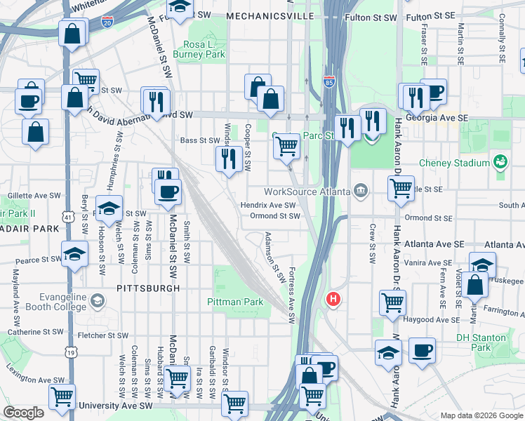 map of restaurants, bars, coffee shops, grocery stores, and more near 244 Hendrix Avenue Southwest in Atlanta