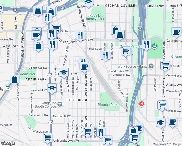 map of restaurants, bars, coffee shops, grocery stores, and more near 840 Smith Street Southwest in Atlanta