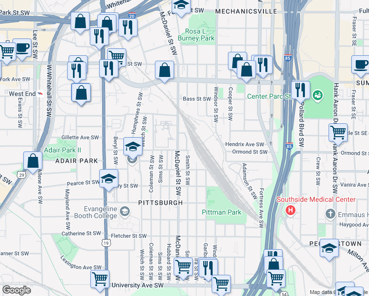 map of restaurants, bars, coffee shops, grocery stores, and more near 842 Smith Street Southwest in Atlanta