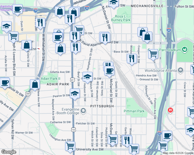 map of restaurants, bars, coffee shops, grocery stores, and more near 488 Rockwell Street Southwest in Atlanta