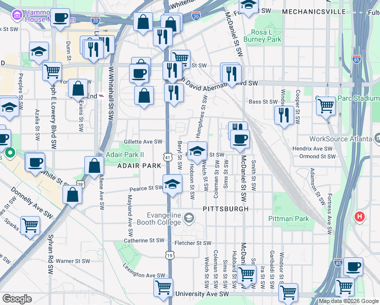 map of restaurants, bars, coffee shops, grocery stores, and more near 575 Rockwell Street Southwest in Atlanta