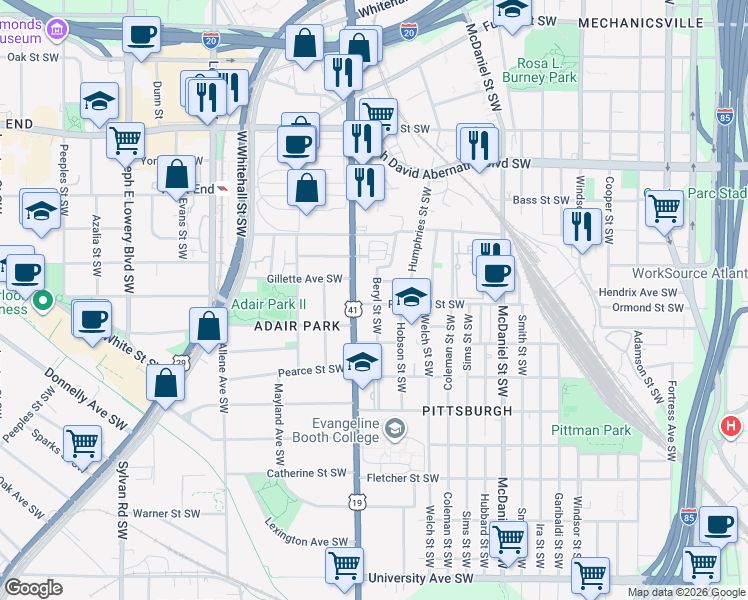 map of restaurants, bars, coffee shops, grocery stores, and more near 575 Rockwell Street Southwest in Atlanta